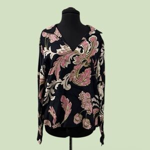 Karen Kane Black V-Neck Blouse with Pink and Cream Floral Print NWT
